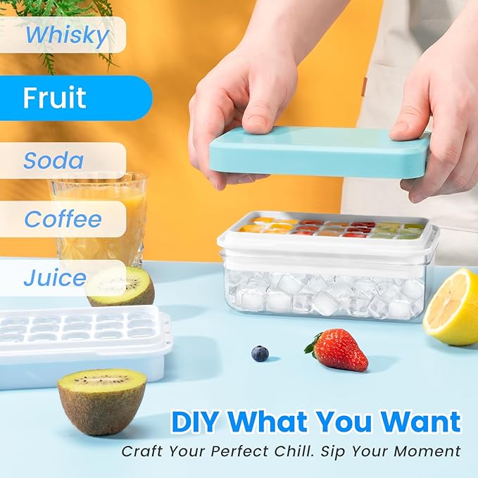 0.8“ Ice Cube Tray with Lid and Bin, PHINOX 84 Cubes Ice Trays for Freezer, Ice Cube Trays for Freezer with 3 trays, Container, Lid & Ice Scoop, BPA Free, Blue(28Cubes/Tier)