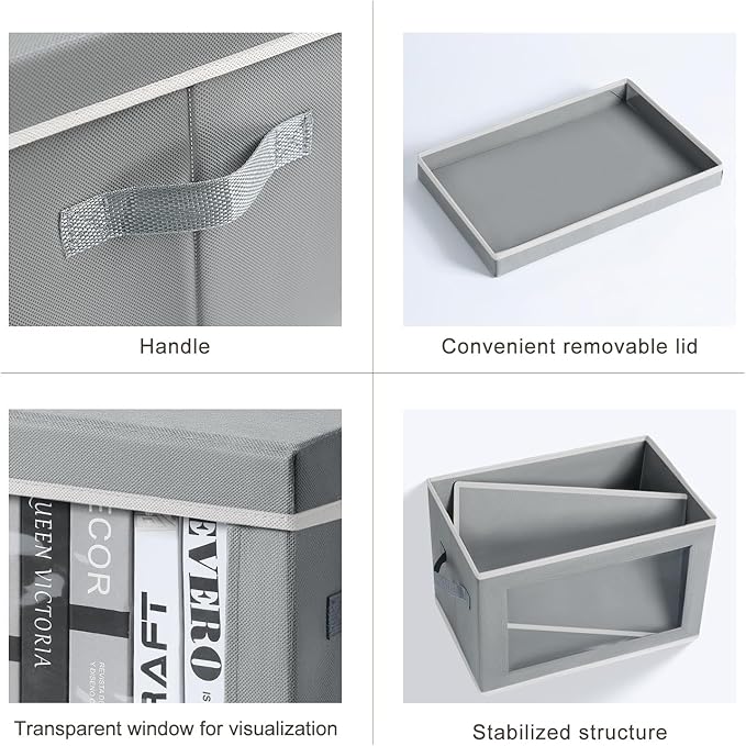 Homsorout Large Storage Bins with Lids - Stackable Cube Bins for Closet, 5 Pack Clear Windows Fabric Organizer Bins, Home Organizers and Storage for Clothes, CD, Towels, Grey
