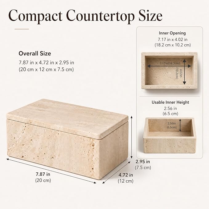 Natural Travertine Rectangular Box with Lid | Natural travertine box for jewelry, makeup pads, clips and dry small vanity essentials.