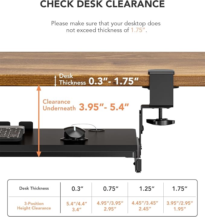 Hemudu Keyboard Tray Under Desk Pull Out with Extra Sturdy C Clamp Mount System, 27.3 (32.5 inch Including Clamps) x 11 Inch Slide-Out Platform Computer Drawer for Typing Black