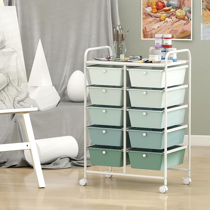 RELAX4LIFE Rolling Storage Cart with 10 Drawers - Craft Storage Cart w/Lockable Wheels, Utility Cart, Art Cart Organizer for School Studio Office Home, Utility Cart on Wheels (Gradient Green)