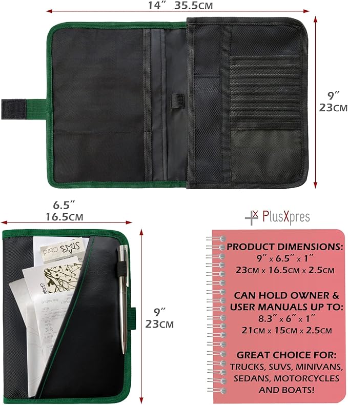 PlusXpres Glove Box Compartment Organizer - Car Document Holder - Green | Owner Manual Case Pouch, Vehicle Storage Wallet for Registration and Insurance Card, Auto Paperwork Holder, Log Book included