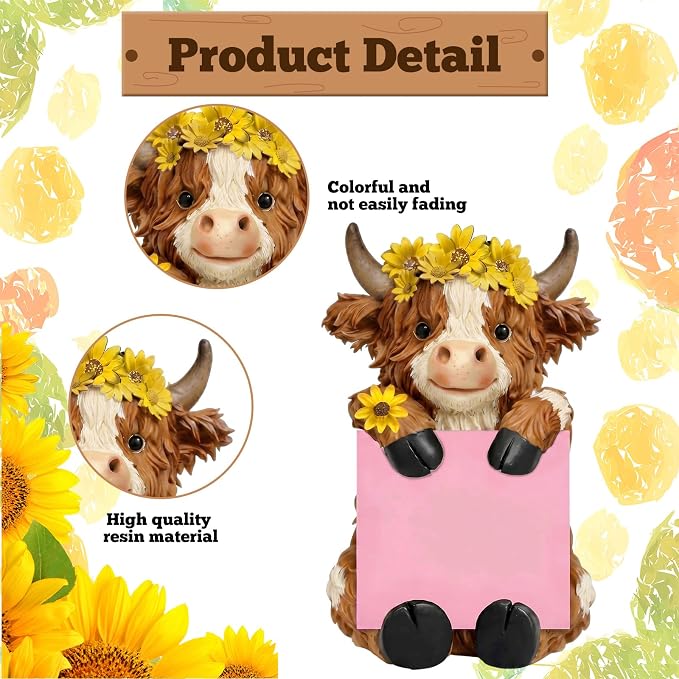 Thenshop Fall Sunflower Highland Cow Pop up Sticky Note Holder Autumn Resin Highland Cow Note Dispenser with 100 Sheets 3 x 3 Inch Sticky Notes Desk Accessory for Fall Harvest Office Home