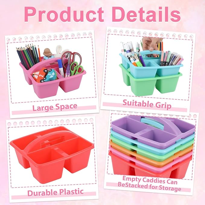 6 Pack Assorted Colors Classrooms Caddy 4 Compartment Classroom Caddy Compartment Caddies Set Table Caddies Classrooms with Handle for Classroom Organization Table Desk Office Supplies(Rainbow)
