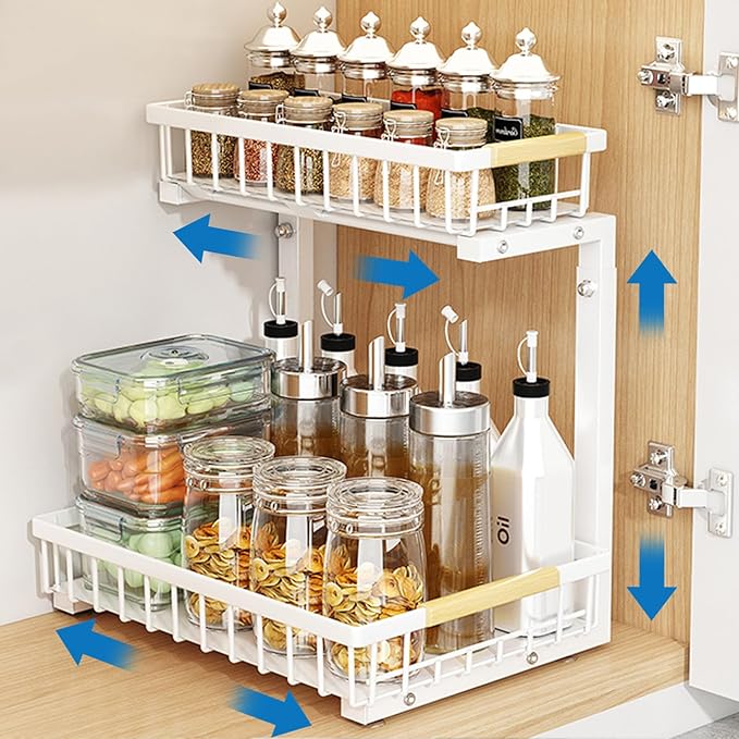 Under Sink Organizer 2 Tier Bathroom Under Sink Organizers and Storage 1 Pack Kitchen Pull out Cabinet Organizer Metal Sliding Drawer for Kitchen Pantry Cabinet Closet Organization Rack White