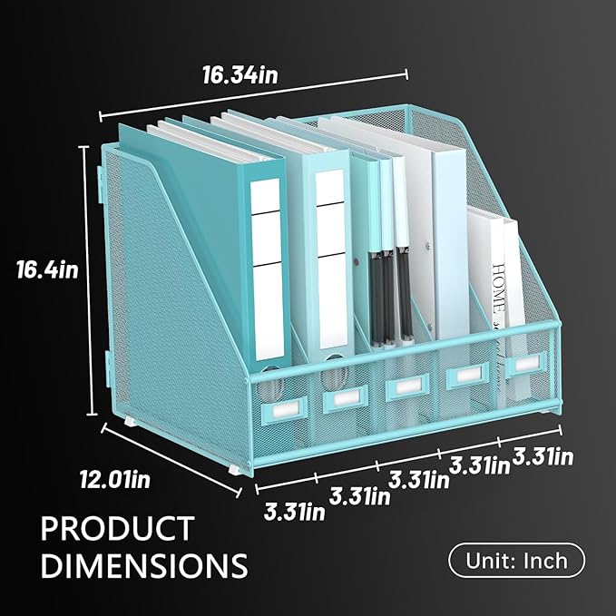 DALTACK Desk Organizers Metal Magazine File Holder with 5 Vertical Compartments Folder Storage Binder Organizer for Office Home School Organization, Blue Plus