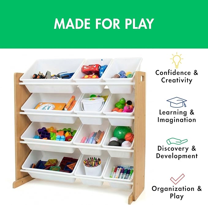 Humble Crew Toy Storage Organizer with 12 Removable Storage Bins for Kids Playroom, 4-Tier Toddler Toy Organization and Storage, Natural/White