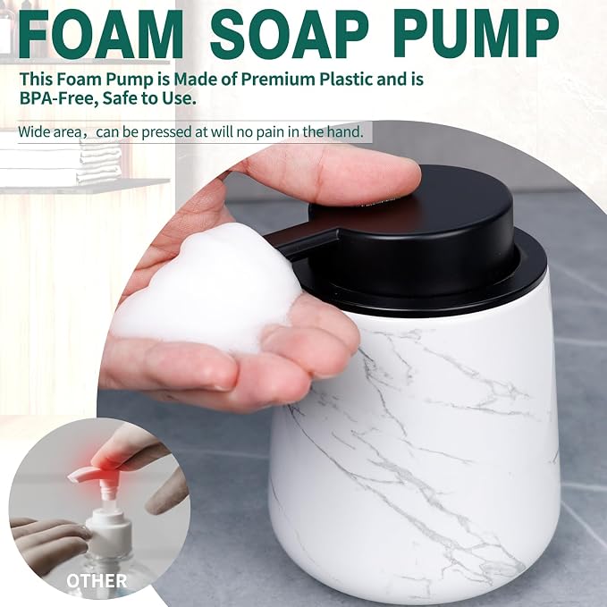 Bosilunlife 12Oz Ceramic Foam Soap Dispenser for Bathroom Kitchen Counter | Premium countertop foam pump creates delicate dense foam, stable desktop placement, Marble