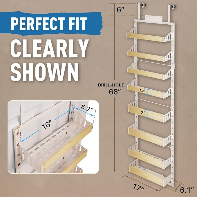 8-Tier Over The Door Pantry Organizer | Spice Rack Wall Mount with No-Shake Design, Adjustable Baskets | Hanging Seasoning Shelves, Storage Organization for Kitchen Cabinet & Closet