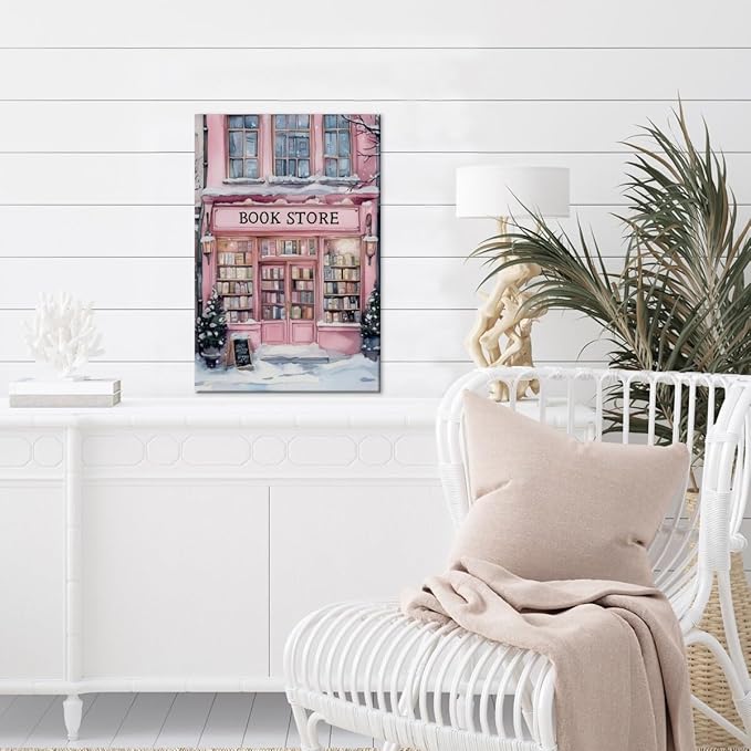 Winter Bookshop Snowy Art Aesthetic Poster Canvas Wall Art Decoration Living Room Home Decor Bedroom Decoration Poster Framed24x36inch