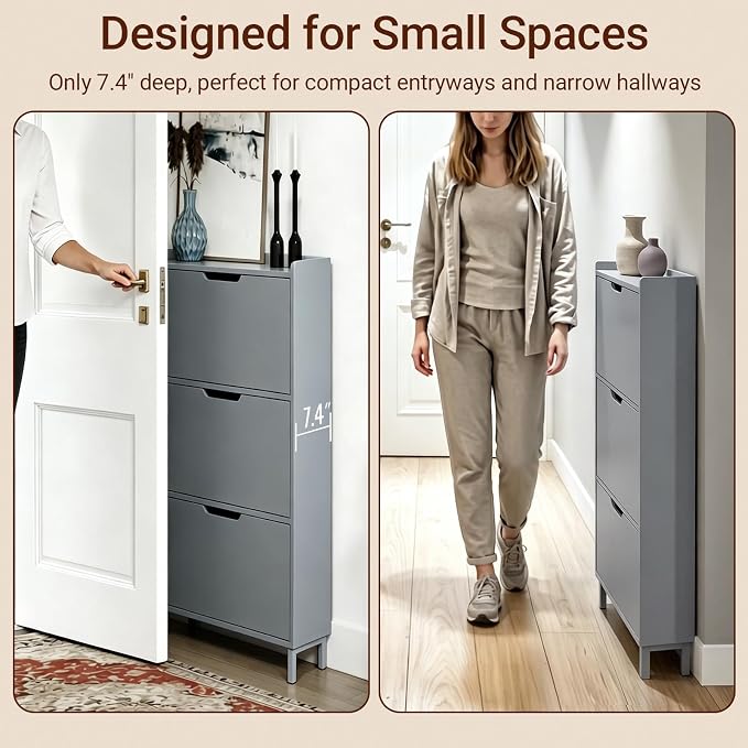 Haotian Slim Shoe Cabinet Entryway | Hidden Shoe Storage with Three Flip Drawers to Save Space, Freestanding Shoe Rack for Entryway, Hallway Grey