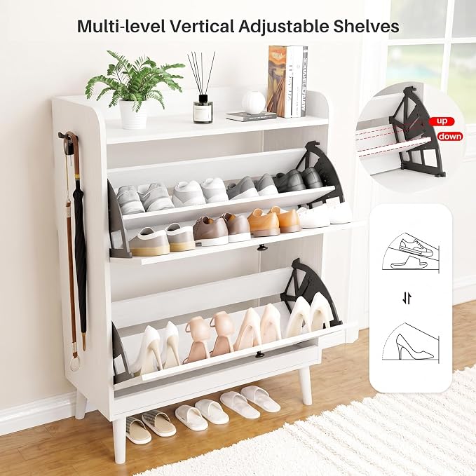 YZ HOME Shoe Storage Cabinet with 2 Flip Drawers, Entryway Shoe Cabinet with 2 Metal Hooks & Adjustable Shelves Freestanding Shoe Organizer Narrow Shoe Rack for Entrance Hallway Foyer Front Door