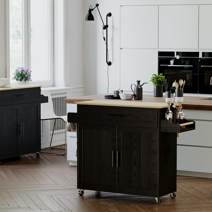 IRONCK Rolling Kitchen Island Cart with Drop-Leaf and Wine Rack, Black | Wheels, Drawers, Open Shelves, Adjustable Shelves, and Spacious Drawer Storage