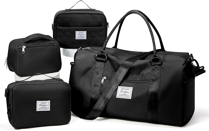 Gym Bag Womens Mens with Shoes Compartment Travel Duffel Bag for Women for Plane Sport Gym Tote Bags Swimming Yoga Weekend Overnight Carry on Bag Hospital Holdalls 4Pcs Set Black
