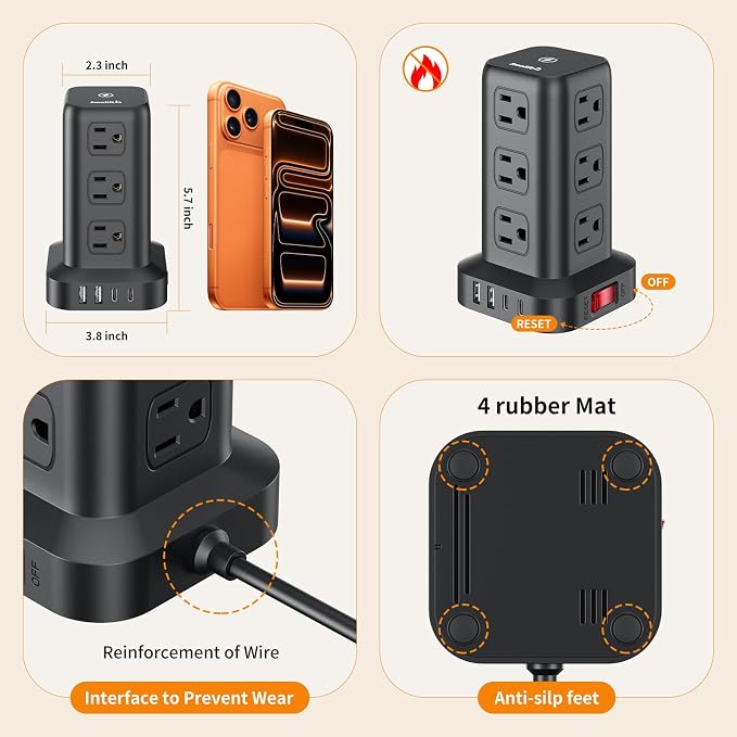 Extension Cord with Multiple Outlets, SMALLRT Surge Protector Power Strip Tower, Outlet Extender with 12 AC Outlets 4 USB, 6.5FT Extension Cord for Home Dorm Room, Office Supplies,Overload Protection