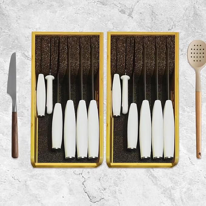 ArtBeek Knife Drawer Organizer Bamboo Insert Dock, 15'' Kitchen Steak Knives Holder Organizers Block for Drawer in Storage Organization
