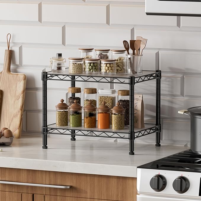 SINGAYE Small Shelves Kitchen Storage Shelf Wire Shelving Metal Adjustable | 2 Tier Shelf Organizers Storage Shelving Unit for Office Pantry Laundry Bathroom Closet Home 11.6" D X 17.6" W X 12" H Black