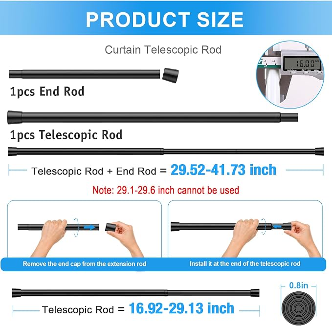 2 Pack Spring Loaded Tension Rod 17-41" Adjustable Curtain Rods No Drill Extendable Spring Rod Tension Curtain Rods For Window Kitchen Shelves Rv Refrigerator And Small Spaces,Black