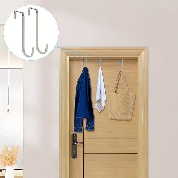 FYY Over the Door Hooks, Single-Hanger 4 Pack, Fits Doors 1.6" Grey | Heavy Duty Metal, Hold 20lbs, Rubber-Coated, No-Drilling, for Bathroom Dorm, Hanging Towels Clothes Hats Bags Coats Wreaths