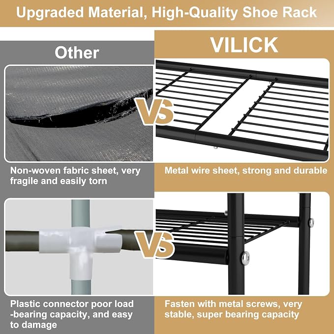 VILICK 3 Tier Shoe Rack 33" Wide Metal Shoe Organizer, Black | Long Shoe Storage, 4 Side Hooks, Sturdy Shoes Shelf, For Front Door Entrance, Closet, Garage, Dorm