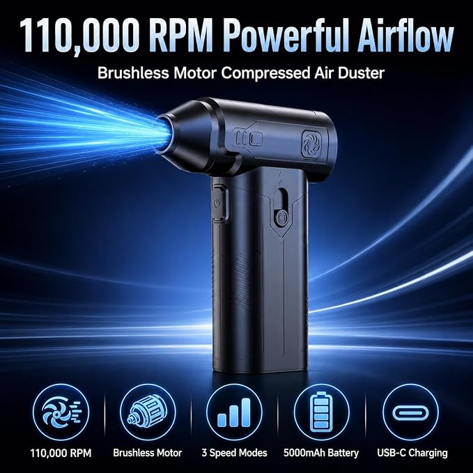 Compressed Air Duster, Powerful Cordless Electric Air Blowe | Electric Air Duster for Computer, Camera, Car Detailing – 3-Speed Adjustable, USB-C Fast Charging