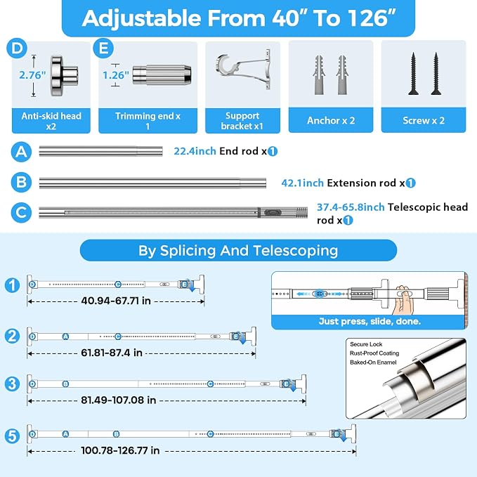 AIZESI 41-124 Inch Heavy Duty Silver Tension Curtain Rod - No Drilling, Adjustable, Rust-Proof for Outdoor, Living Room, Bathroom
