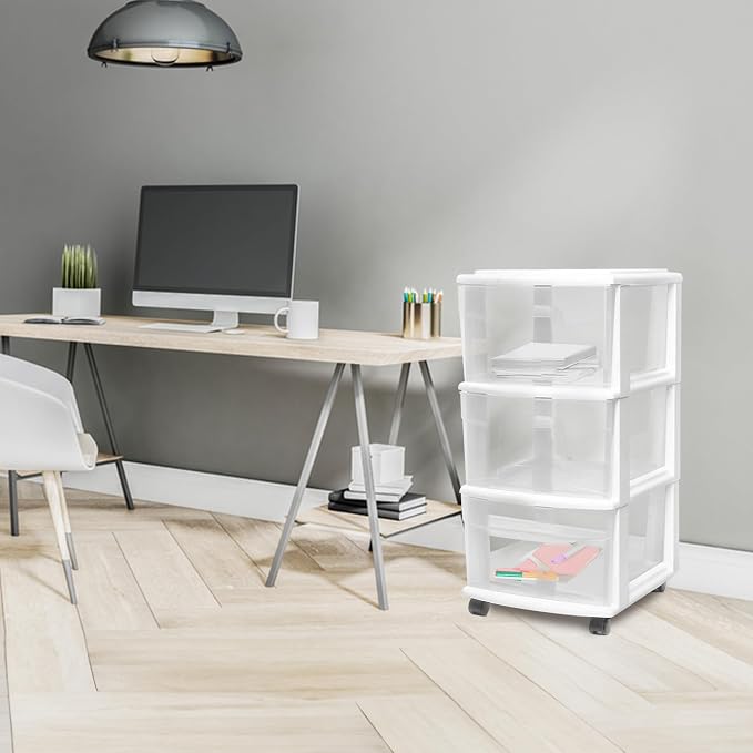 HOMZ Drawer Tower, 3-Tier Rolling Storage Cart with Removable Wheels, White Frame – Plastic Organizer with Clear Bin Drawers for Bedroom, Bathroom, Home Office, and Dorm Room