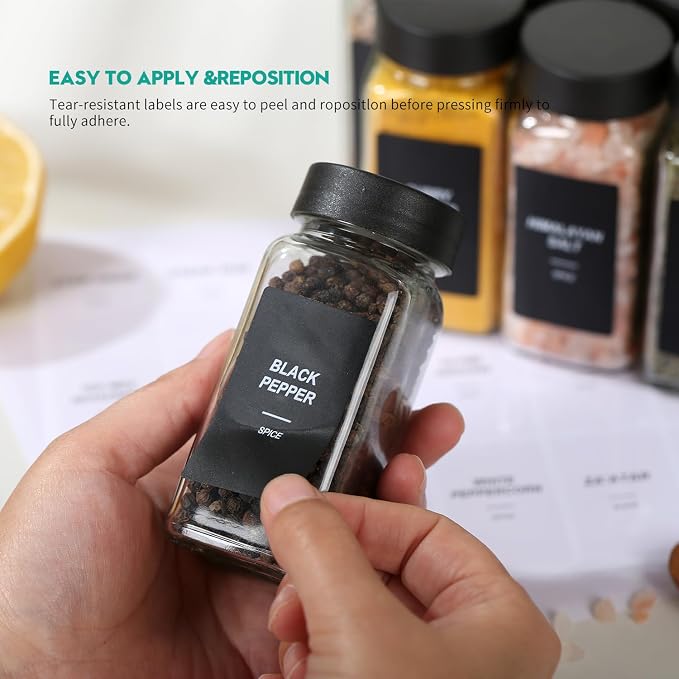 162 Spice Labels Stickers, Preprinted White Spice Jar Labels for Herbs Seasonings, Spice Rack Pantry Organization, Minimalist Black Text (Black)
