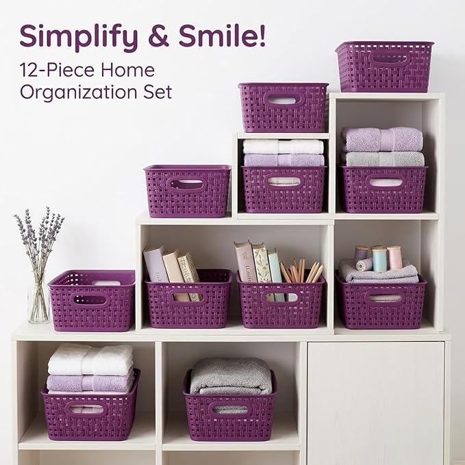 Dark Purple Organizing Baskets, Stackable Pantry Organizers and Basket Set of 12, Plastic Storage Baskets for Shelves, Classrooms, Kitchens, Laundry Room, Bathrooms and Bedrooms