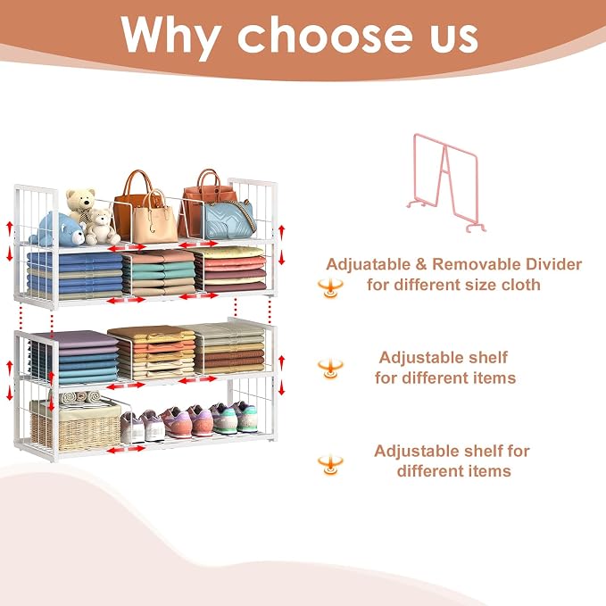 Hongtamoya Stackable Closet Storage Shelf with Adjustable Divider | Closet Organizer and Storage Container for Clothe, Jean Pant Shirt Sweater Purse Shoe, Use in Bedroom RV Closet System, White