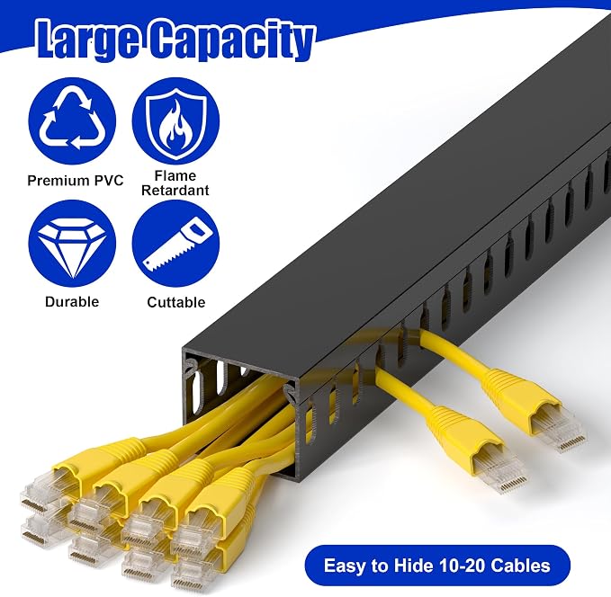 1.4"H x 1.6"W Cable Raceway, 12ft Under Desk Wire Management Channel, Black | Slotted Wire Duct, 4 Pack (3 ft Each), Heavy-Duty PVC Cable Management for Server Racks, Network Cables & Electrical Cabinets
