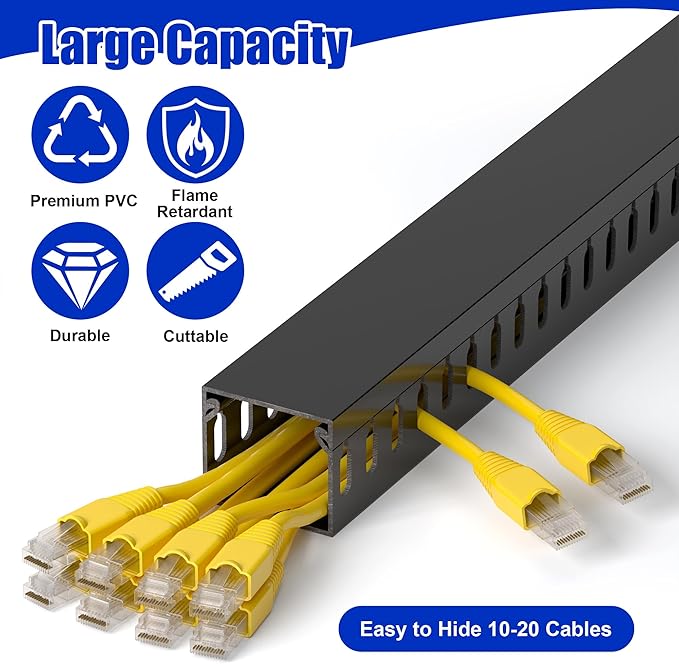 1.4"H x 1.6"W Cable Raceway, 66in Under Desk Wire Management Channel, Black | Slotted Wire Duct, 4Pack, 16.5in Each, Heavy-Duty PVC Cable Management for Server Racks, Network Cables & Electrical Cabinets