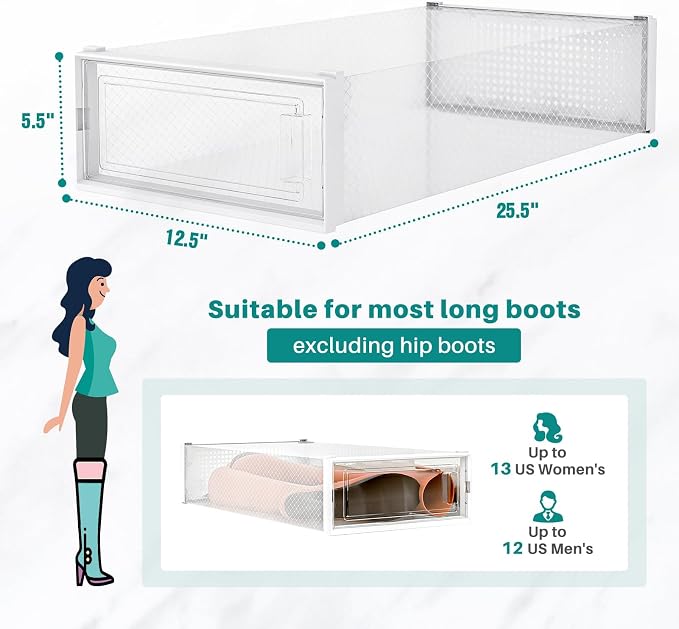 8-Piece Extra Large Boot and Shoe Storage Boxes, Stackable Clear Plastic Shoe Organizer, Space-Saving Shoe Boxes for Boots, Sneakers, and High Heels, Clear