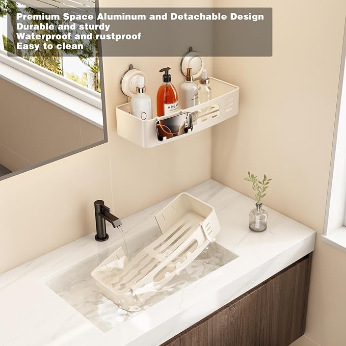 Voldra Shower Caddy Suction Cup, Shower Shelves for Inside Shower No Drilling, Aluminum Suction Showers Organizer for Wall with Towel Bar & Hooks Removable Bathroom Storage Rack(1 Pack-Cream White)