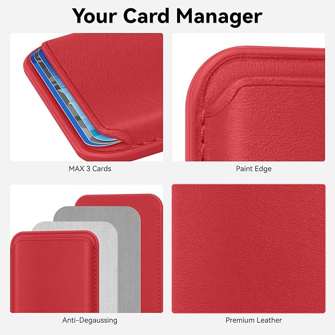 Magnetic Wallet Cell Phone Card Holder for Phone Case with Mag-Safe, Stronger Magnetic RFID Leather Phone Wallet Stick on Series of iPhone 17/16/15/14/13/12 and Pro/Promax,Red