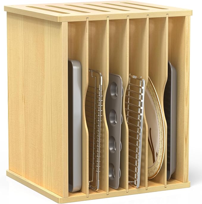 7 Tier Large Size Wooden Tray Dividers for Cabinets, Cookie Baking Sheet Organizer for Cabinet, Vertical Tray Dividers for Storing pans, Baking trays, Cutting Board