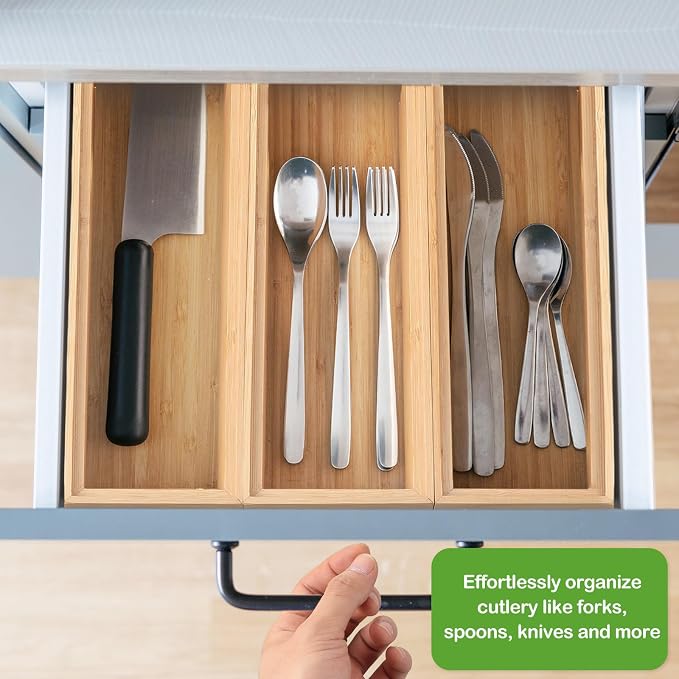 Kigley 8 Pcs Kitchen Bamboo Drawer Organizer Utensil Wooden Silverware Drawer Organizer Utensil Bamboo Storage Box Cutlery Holder Flatware Containers for Kitchen, Bathroom(12 x 3 x 2 Inch,Wood)
