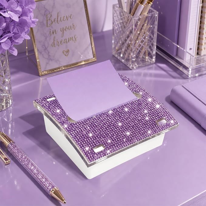 Pop up Post it Notes Dispenser,Rhinestone Self Sticky Note Holder,Sticky Note Dispenser,Post it Note Holder,Cute Purple Desk Accessories for Office Supplies,Office Desk Decor(White Purple)