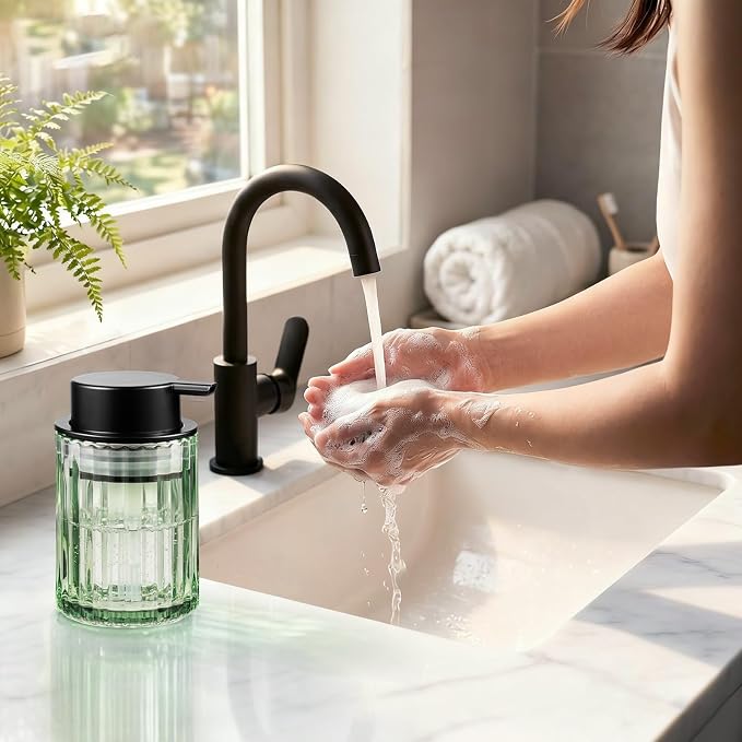 Foam Soap Dispenser, 8oz Green Glass Refillable with Black Pump, 1 Pack | Glass Foaming Soap Dispenser for Liquid Soap or Lotion, Vertical Ribbed Decor for Bathroom Vanity, Kitchen, Commercial Use