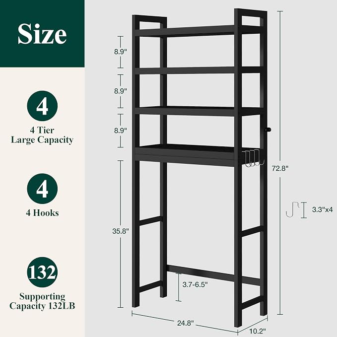 Smiry Over The Toilet Storage Cabinet, 4-Tier Bamboo Bathroom Organizers with Adjustable Shelf & 4 Hooks, Space Saving Shelf Rack for Bathrooms, Laundry Room, Balcony, Black