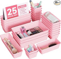 BiuLeon 25 PCS Plastic Drawer Organizers Set, 4-Sizes Vanity and Makeup Organizer, Desk and bathroom Drawer Organizer Trays, Organizers and Storage for Makeup, Jewelry, Gadgets, Utensils (Pink)