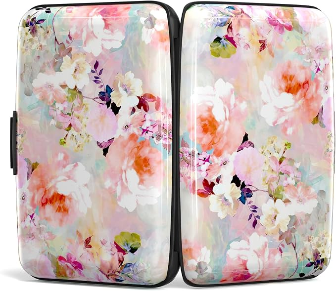Credit Card Holder, Mini Aluminum Card Wallet RFID Blocking Slim Metal Hard Card Case for Women Men, Pink Flowers