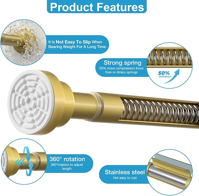 Tension Curtain Rod 31 to 75 Inch Gold Spring Tension Rods for Windows Adjustable Curtain Rod No Drilling Expandable Pressure Curtain Rod Shower Rods for Closets,Bathroom,Kitchen,Doorway