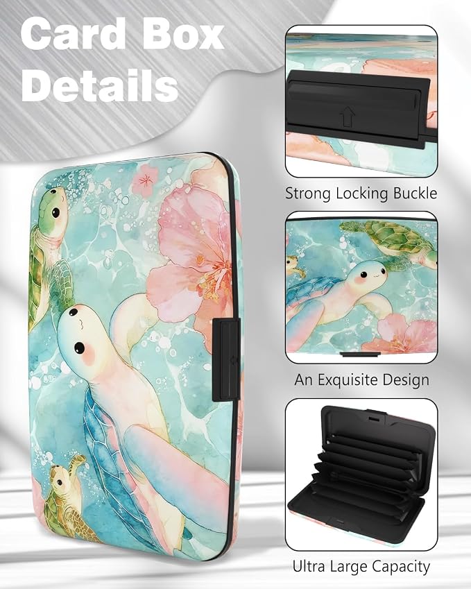 Maicican Credit Card Holder, Mini RFID Blocking Aluminum Wallet | Slim Metal Hard Case Travel Wallet ID Case for Women and Men, 4.3 x 2.9 Inches, Flowers and Turtle