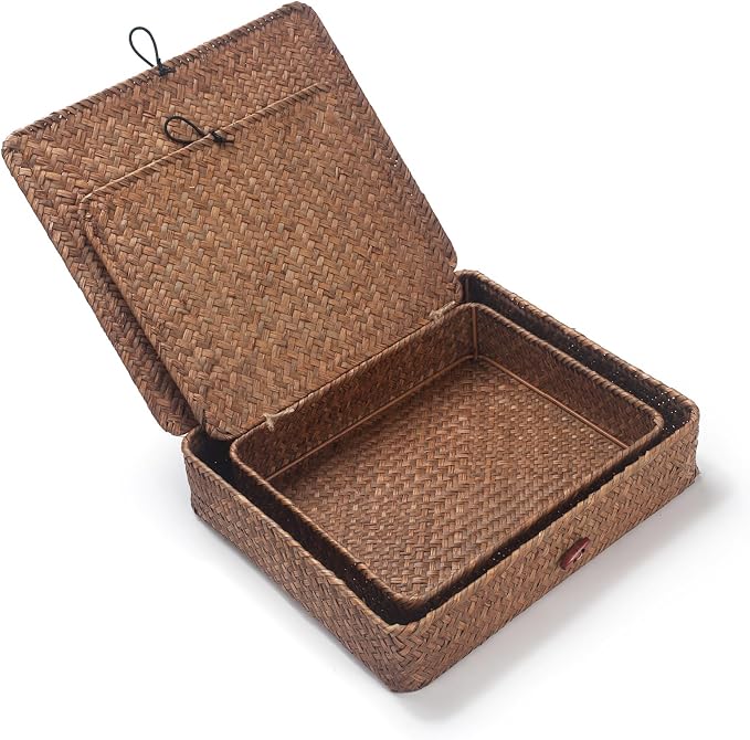 Seagrass Storage Baskets with Lids, Flat Wicker Basket, Shallow Woven Basket for Shelf, Decorative Storage Boxes for Organizing (Coffee)