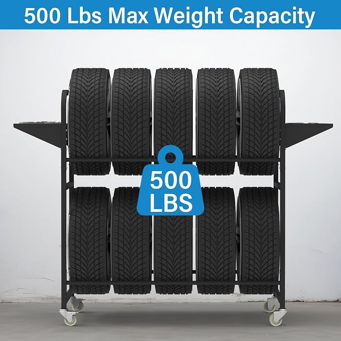 Tire Storage Rack 44" x 44" x 18" with Anti-Dust Cover | Rolling Adjustable Black Alloy Steel Tire Rack for Garage with 4 Swivel Casters & 2 Storage Shelves