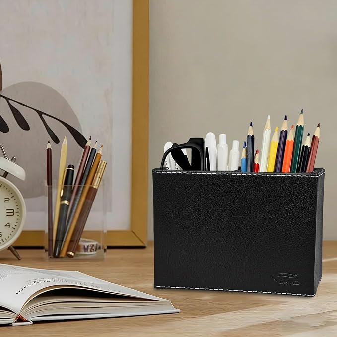 Black Pen Holder, Double Slots Leather Pencil Holder, Elegant Pen Holder for Desk, Stationery Organizer for School Office Home Dorm