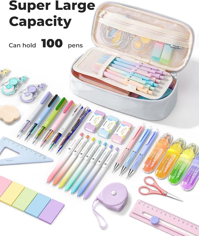 Four Candies Large Pencil Case, 5 Compartments Pen Organizer, Big Capacity Canvas Pencil Pouch Bag for School Supplies, Portable Stationery Holder for Teen Girls, Women (Light Gray)
