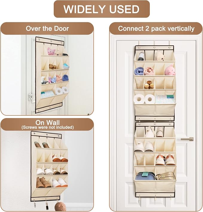 FENTEC 2 Pack Over the Door Shoe Organizer, Hanging Shoe Organizer, 28 Large Deep Pockets Door Shoe Rack with 6 Hooks Shoe Organizer for Shoes, Sneakers, and Home Accessories, Beige