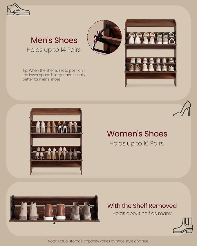 VASAGLE Shoe Storage Cabinet Organizer with 2 Flip Drawers, Freestanding Narrow Shoe Rack Cabinet for Entryway, Farmhouse Style, Fits 14 to 16 Pairs, Chestnut Walnut UHSC203KX01